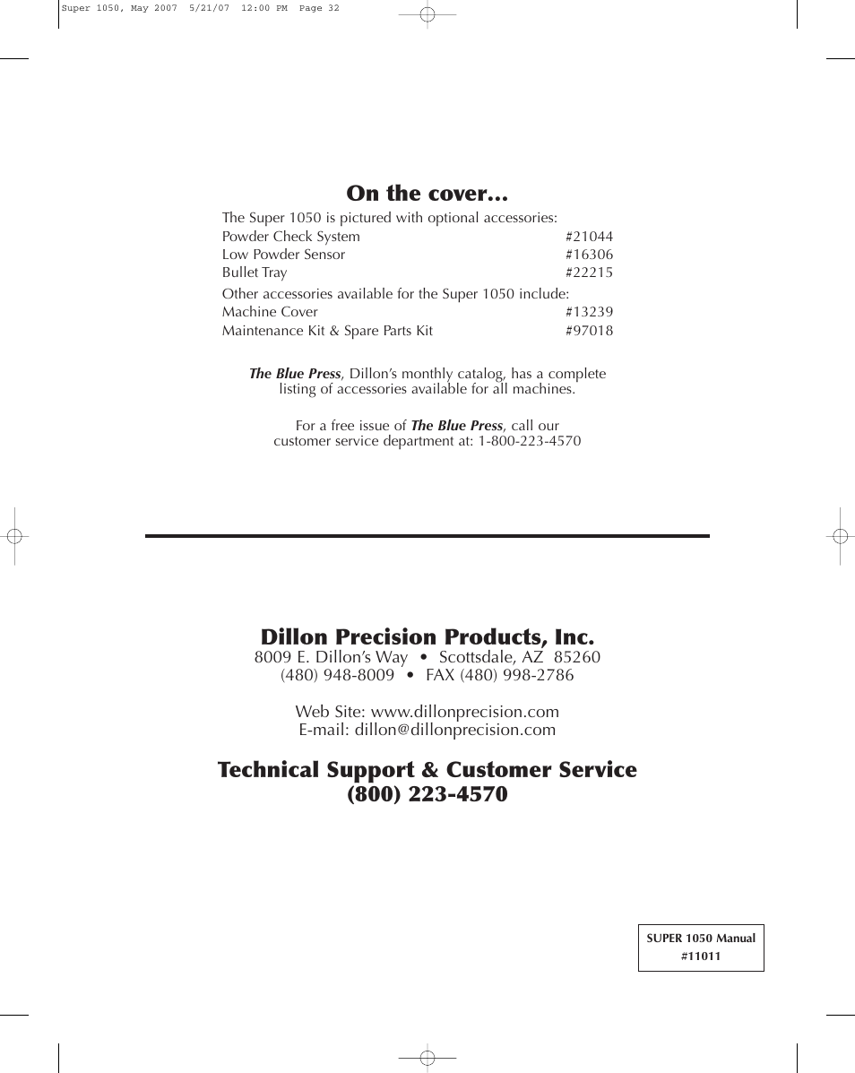 Dillon precision products, inc | Dillon Precision Super 1050 User Manual | Page 32 / 32
