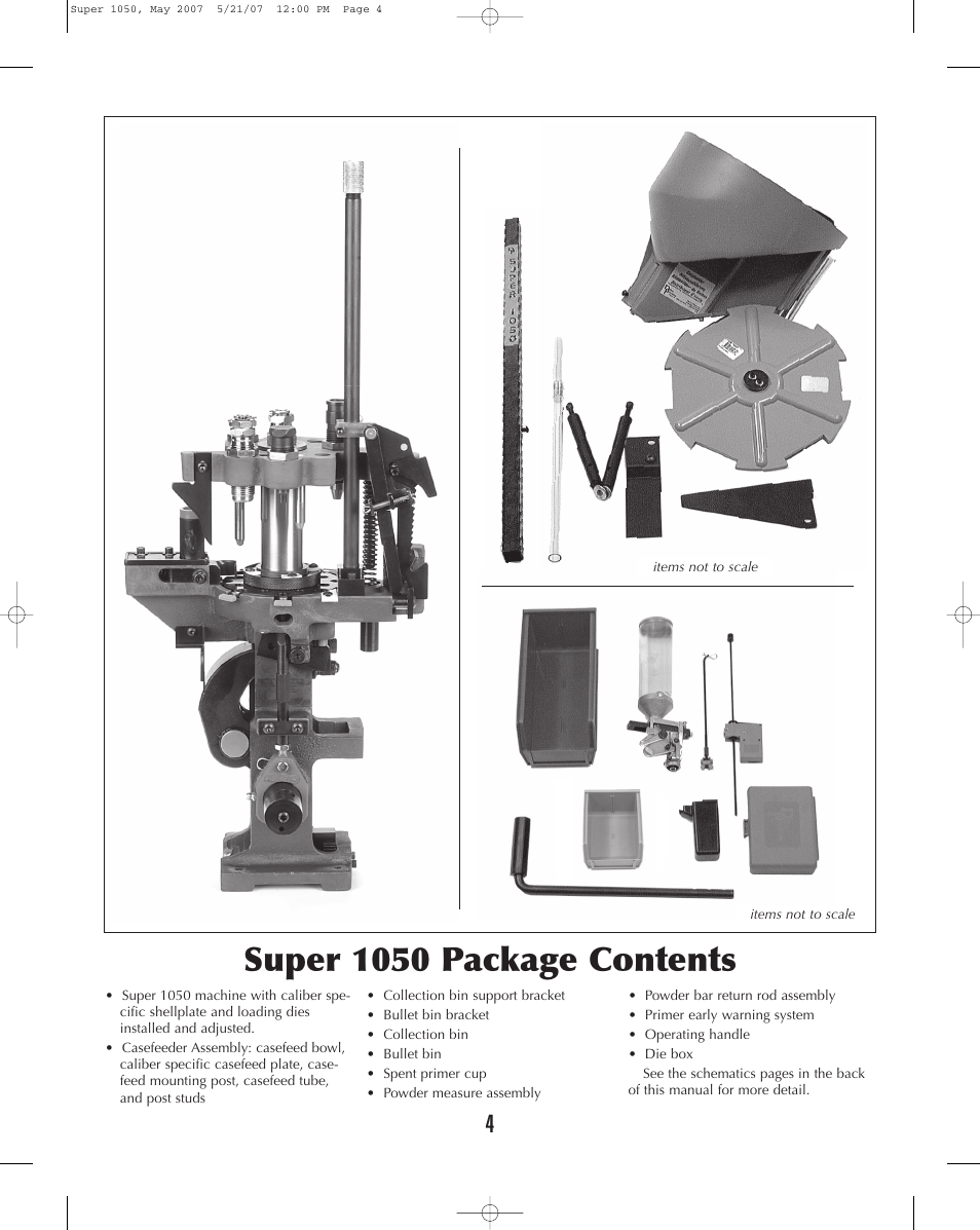 Super 1050 package contents | Dillon Precision Super 1050 User Manual | Page 4 / 32