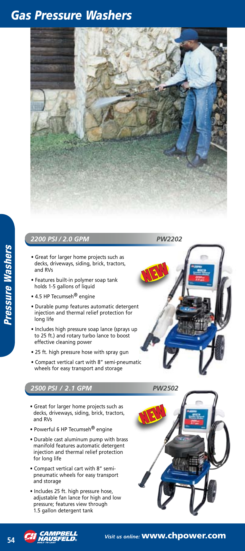 Ch mini catalog_mar2006 56.pdf, Gas pressure washers, Pr es su re w as he rs | Campbell Hausfeld PW1520 User Manual | Page 3 / 6