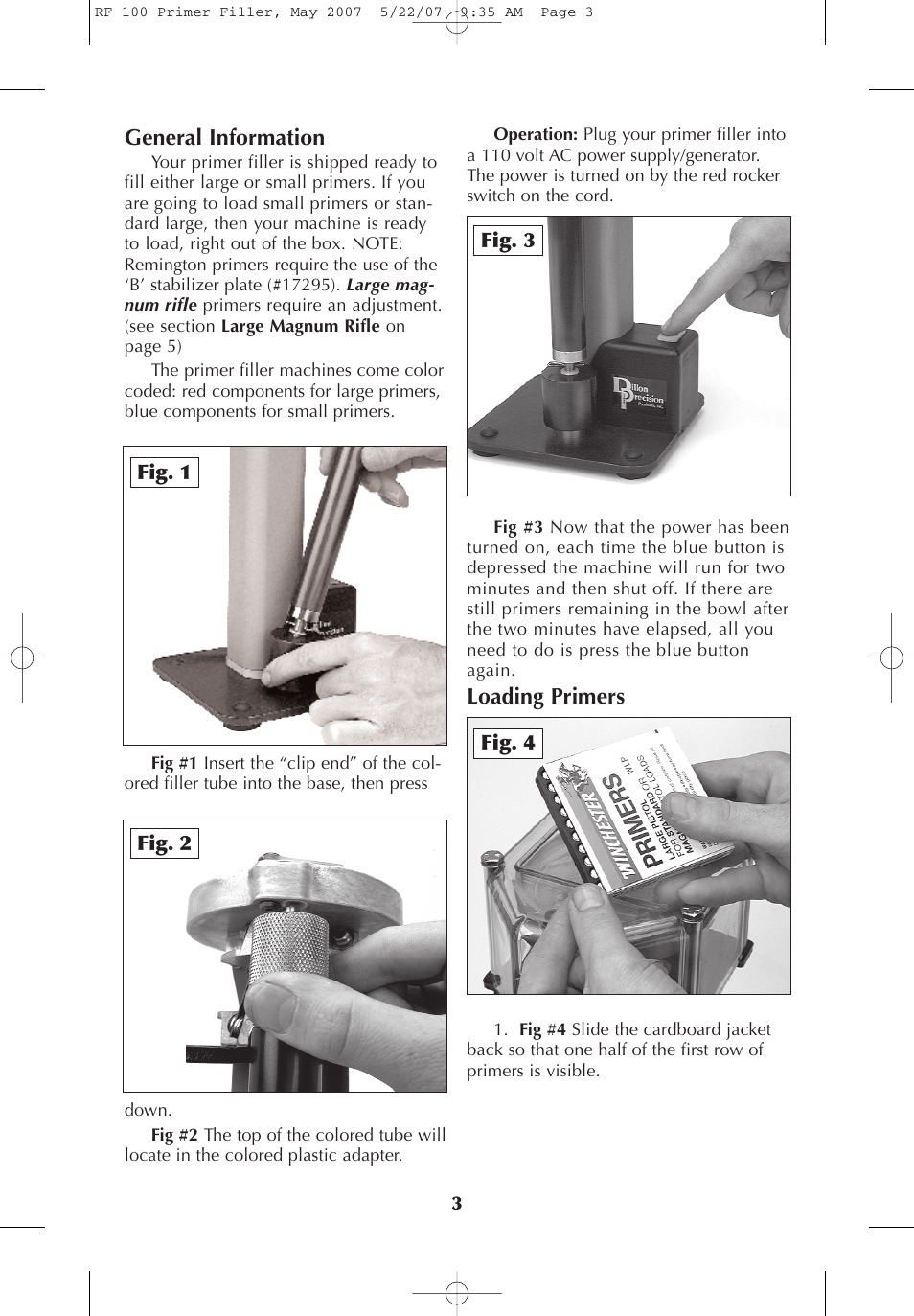 General information, Loading primers | Dillon Precision RF 100 User Manual | Page 3 / 8