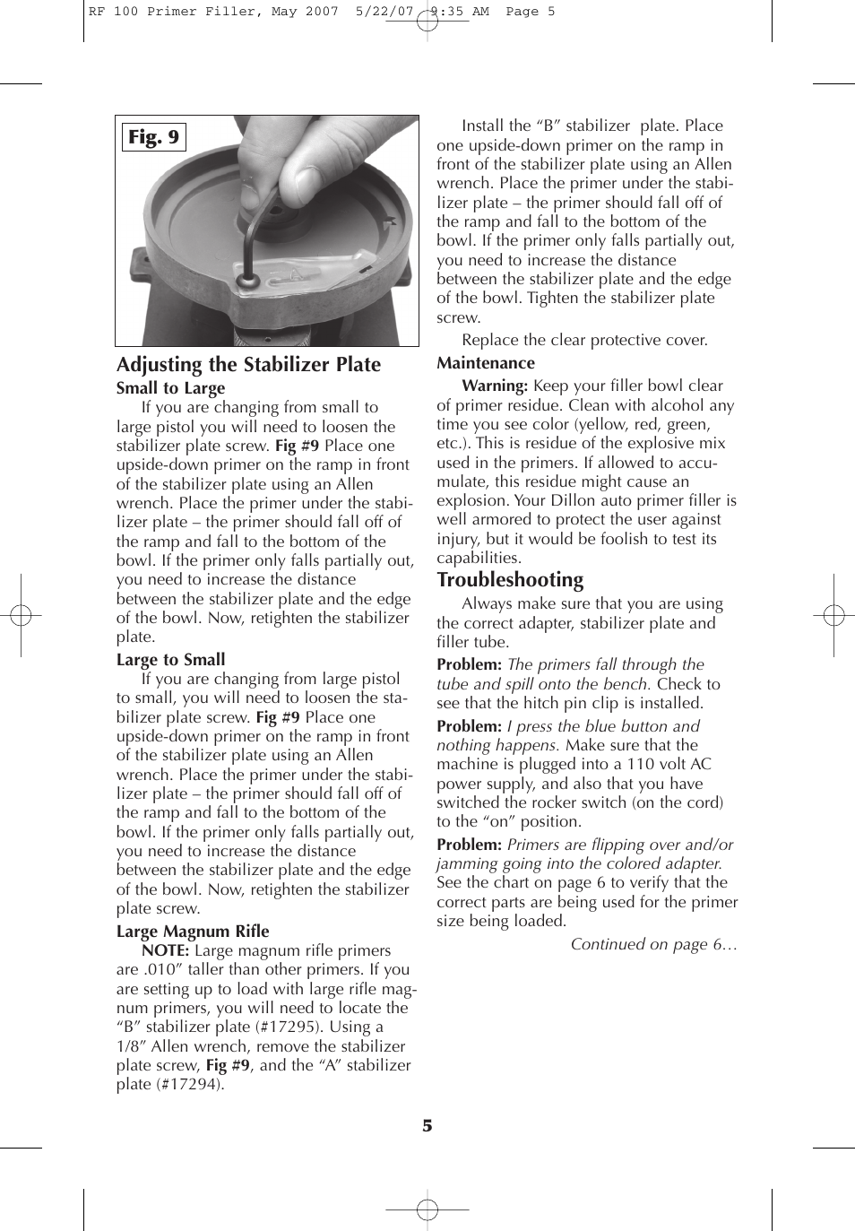 Adjusting the stabilizer plate, Troubleshooting | Dillon Precision RF 100 User Manual | Page 5 / 8