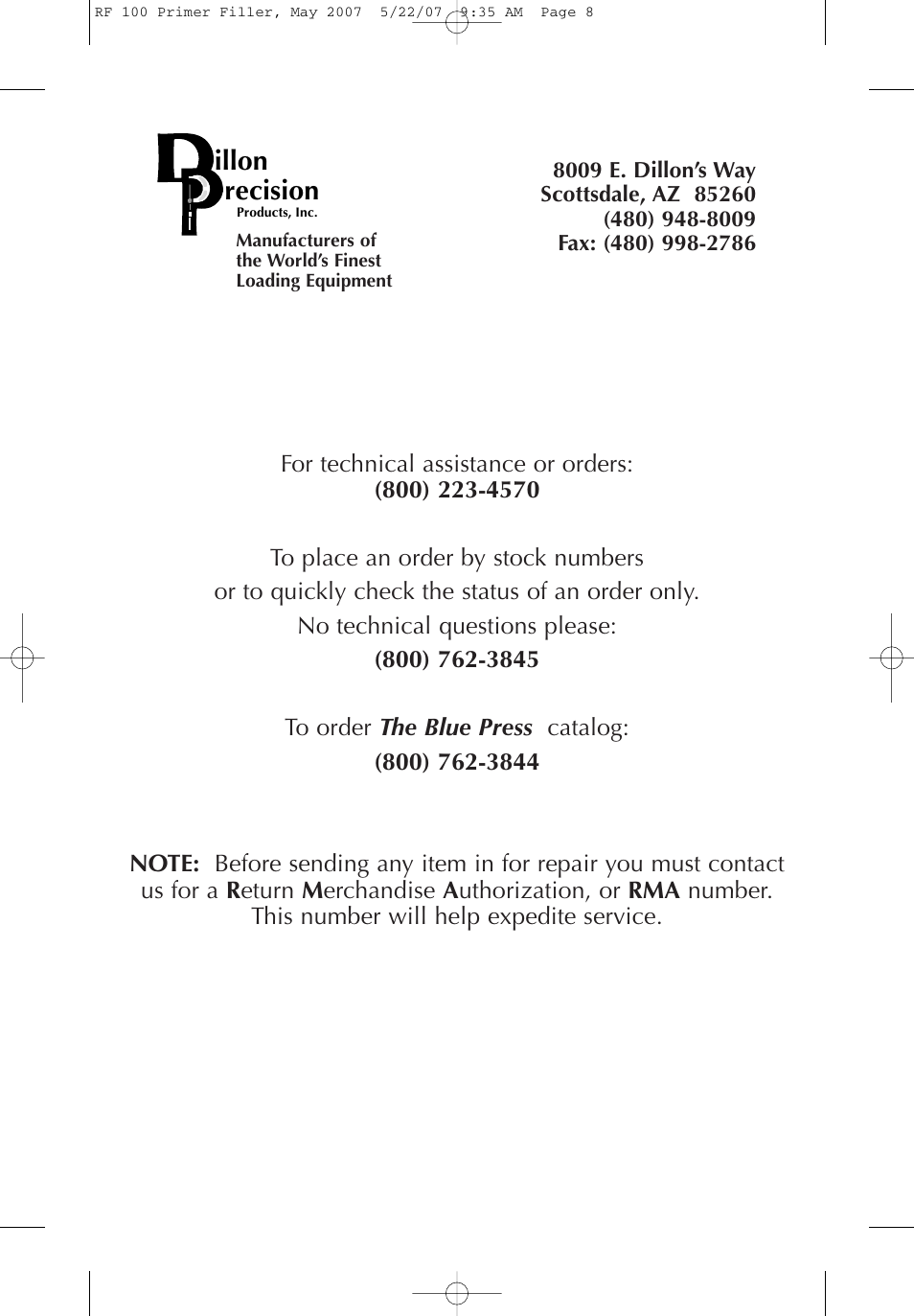 Illon recision | Dillon Precision RF 100 User Manual | Page 8 / 8