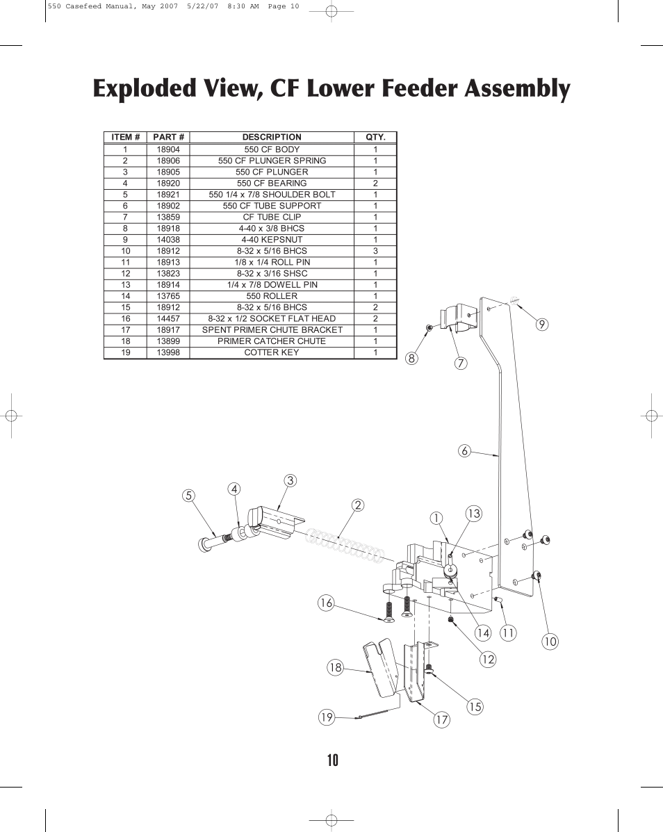 Exploded view, cf lower feeder assembly | Dillon Precision RL 550 Casefeed User Manual | Page 10 / 17