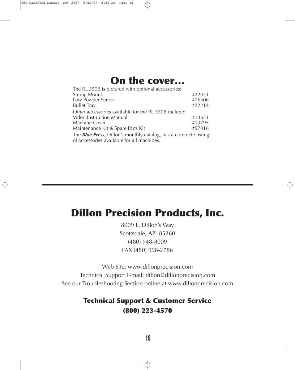 Dillon precision products, inc, On the cover | Dillon Precision RL 550 Casefeed User Manual | Page 16 / 17