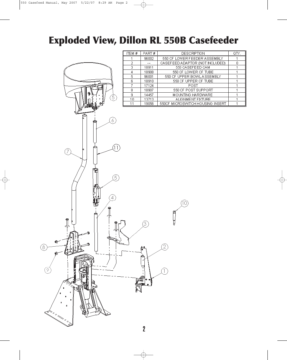 Exploded view, dillon rl 550b casefeeder | Dillon Precision RL 550 Casefeed User Manual | Page 2 / 17