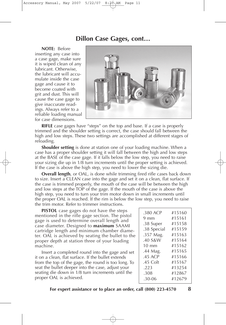 Dillon case gages, cont | Dillon Precision Case Preparation Tools User Manual | Page 10 / 15