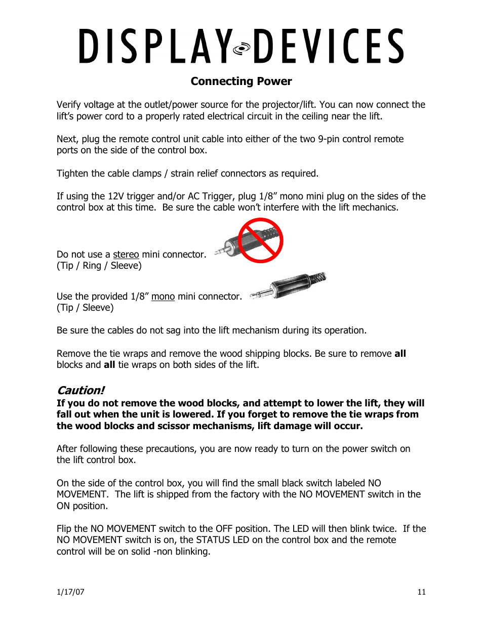 Caution | Display Devices Lifts up up 400 lbs User Manual | Page 11 / 33