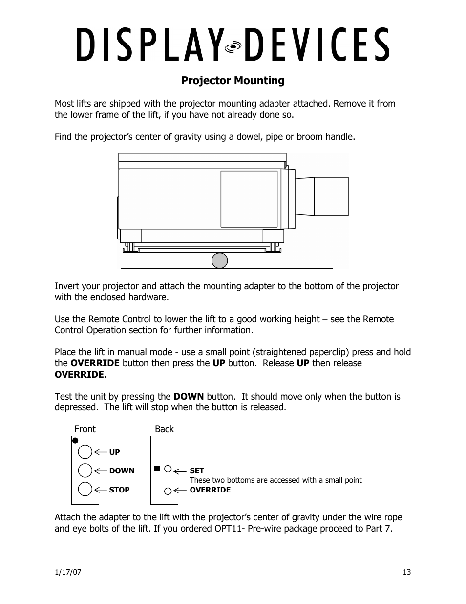 Projector mounting | Display Devices Lifts up up 400 lbs User Manual | Page 13 / 33