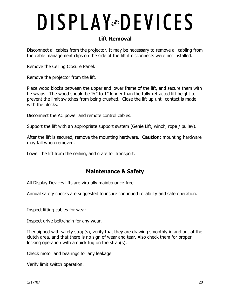 Display Devices Lifts up up 400 lbs User Manual | Page 20 / 33