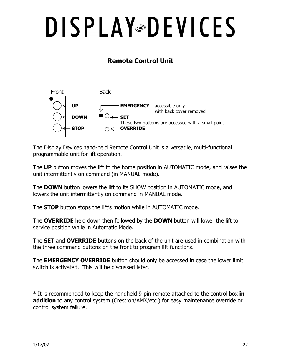 Remote control unit | Display Devices Lifts up up 400 lbs User Manual | Page 22 / 33