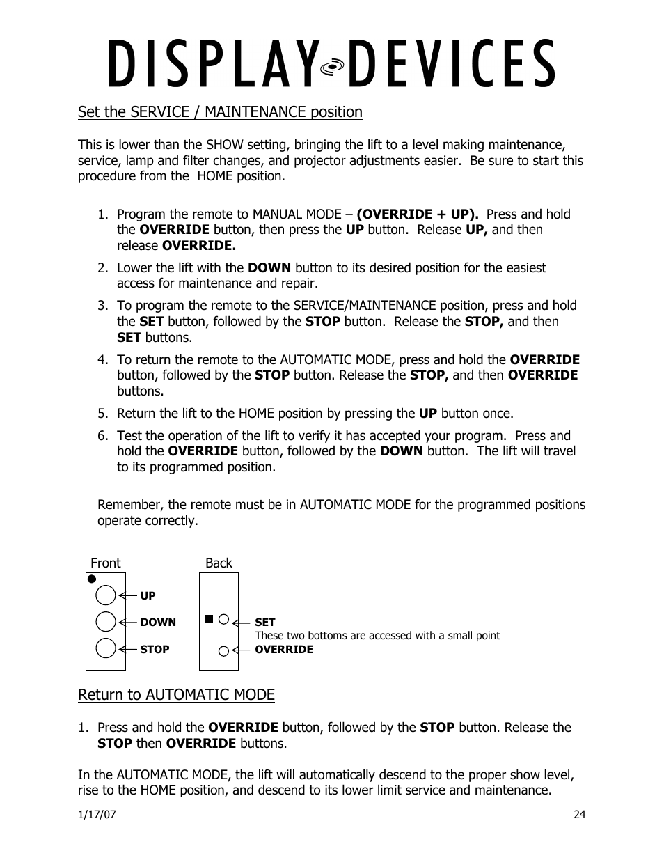 Set the service / maintenance position, Return to automatic mode | Display Devices Lifts up up 400 lbs User Manual | Page 24 / 33