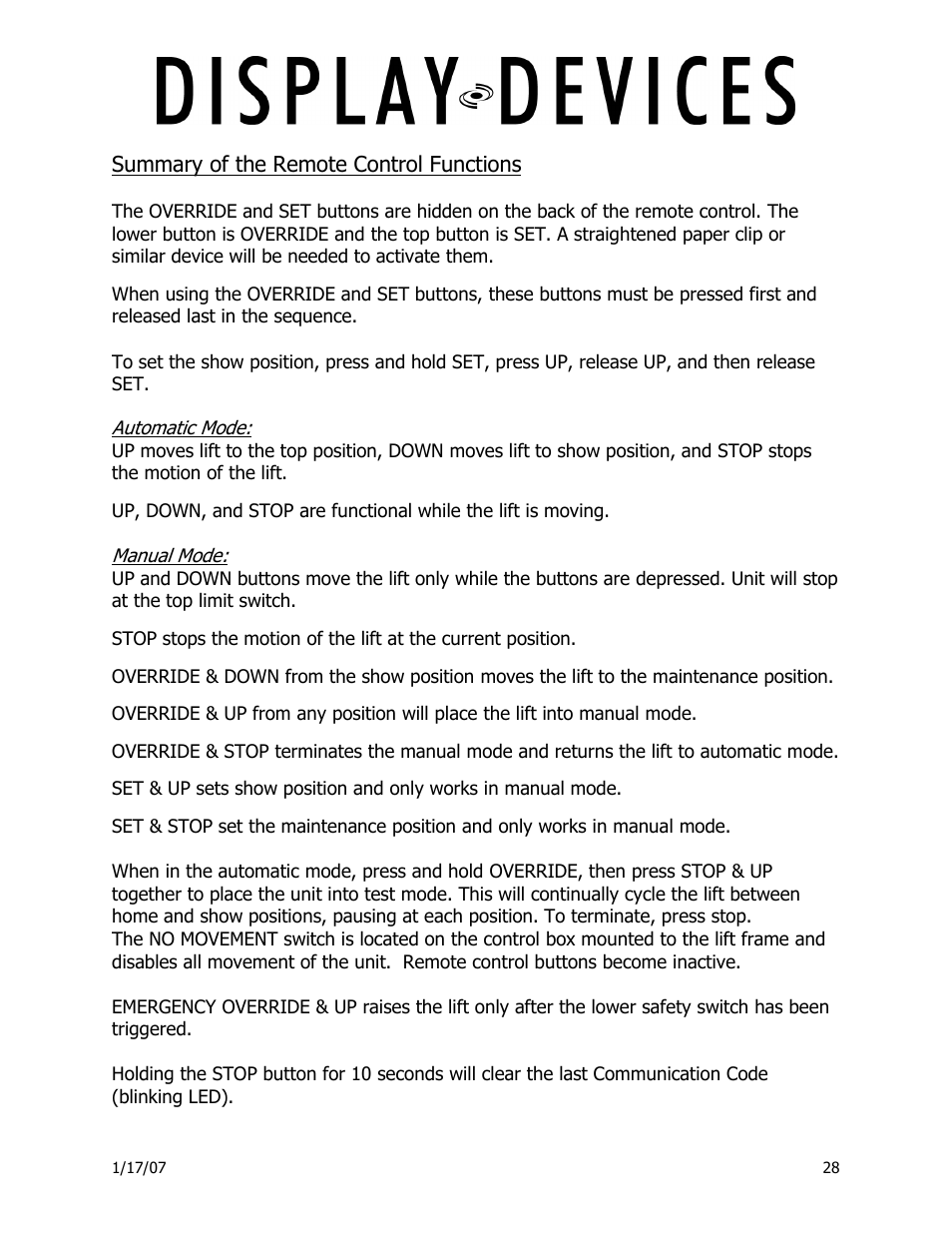 Summary of the remote control functions | Display Devices Lifts up up 400 lbs User Manual | Page 28 / 33