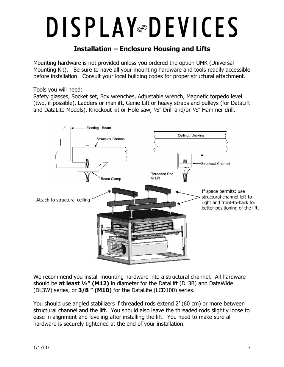 Installation – enclosure housing and lifts | Display Devices Lifts up up 400 lbs User Manual | Page 7 / 33