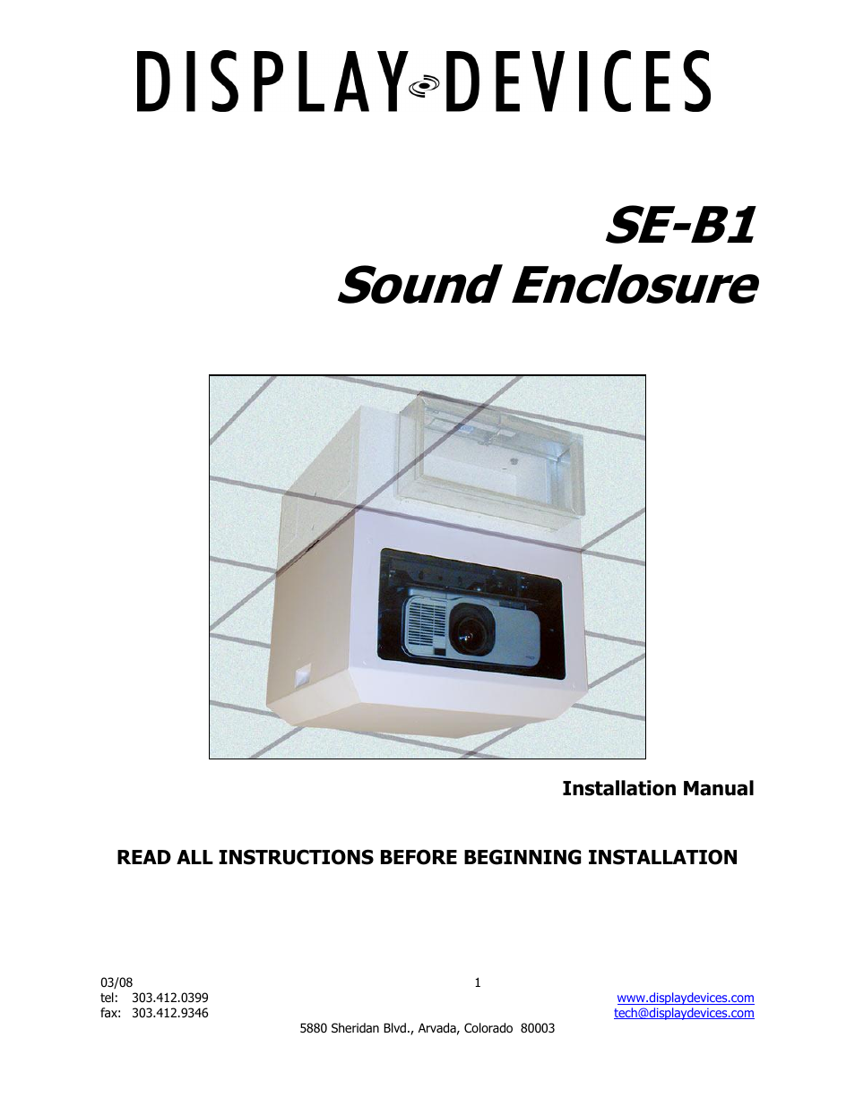 Display Devices SE-B1 Series Projector Sound Enclosure User Manual | 8 pages