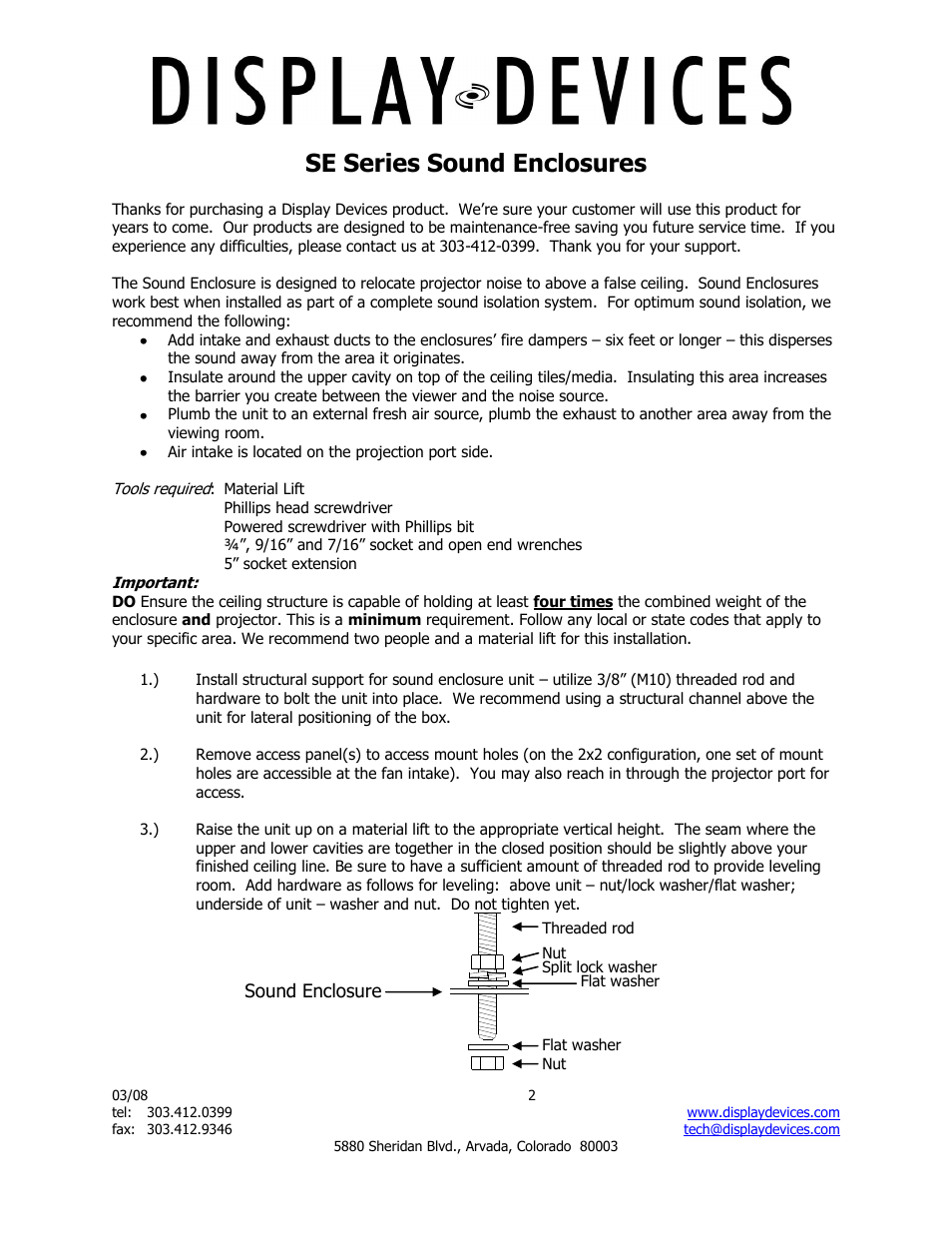 Se series sound enclosures | Display Devices SE-B1 Series Projector Sound Enclosure User Manual | Page 2 / 8