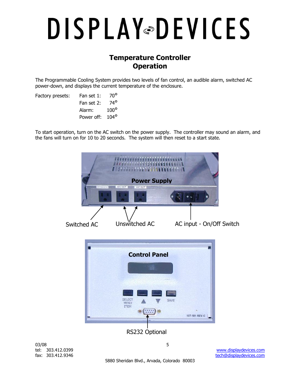 Temperature controller operation | Display Devices SE-B1 Series Projector Sound Enclosure User Manual | Page 5 / 8