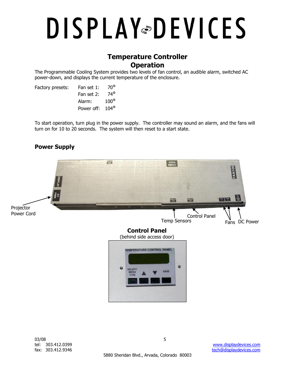 Temperature controller operation | Display Devices SE-BXL Series Projector Sound Enclosure User Manual | Page 5 / 8