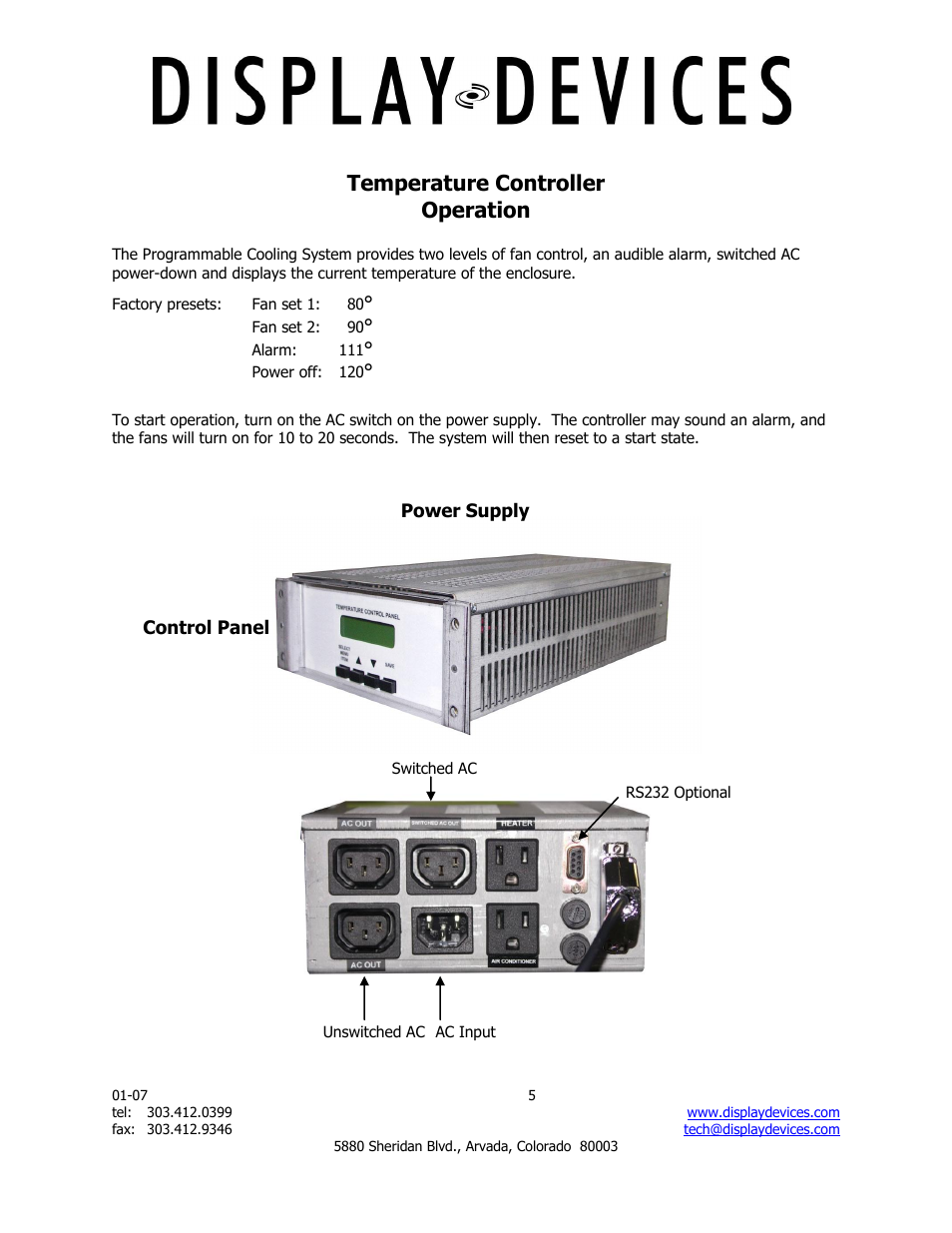 Temperature controller operation | Display Devices SE-B6-10 Soffit Series User Manual | Page 5 / 8