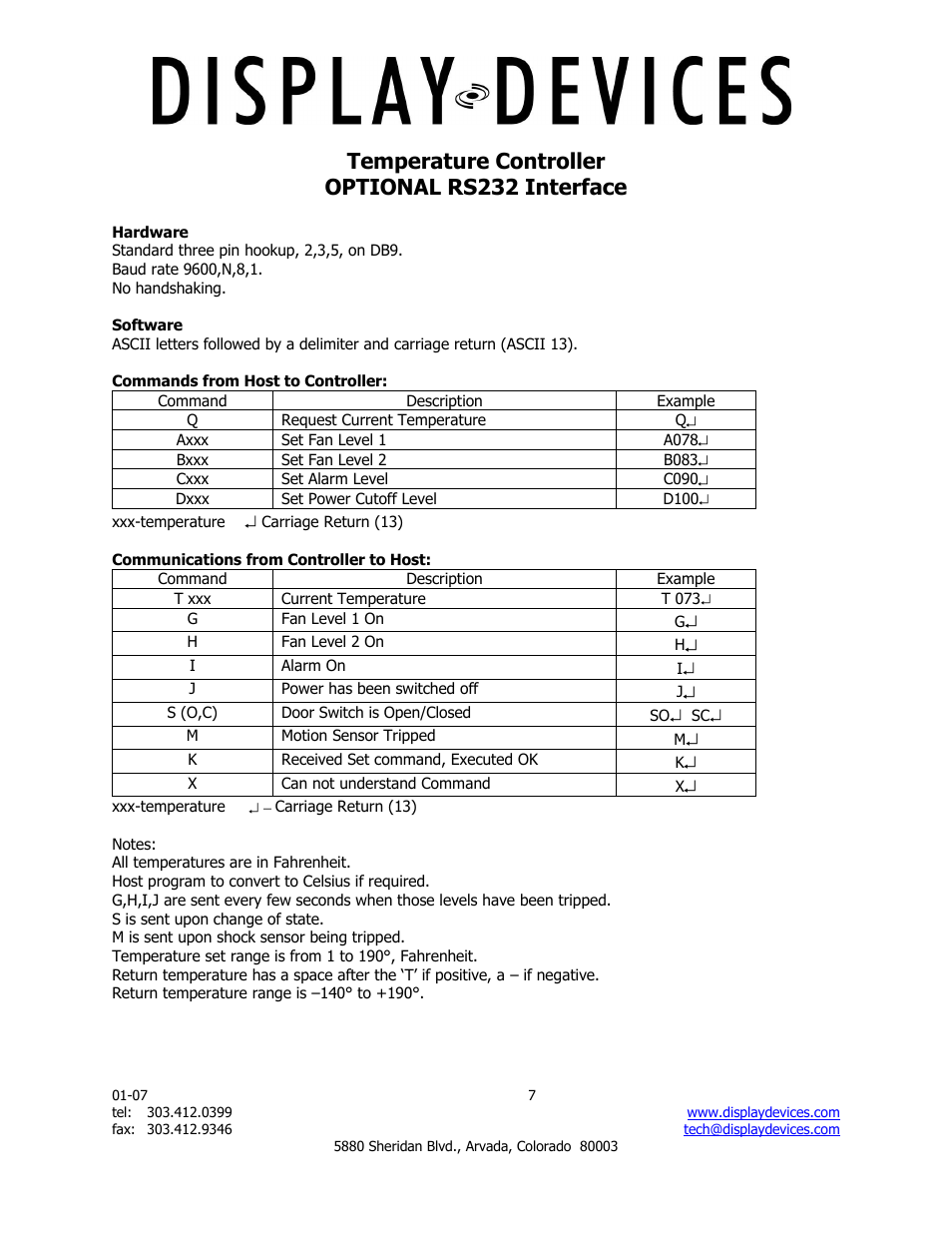Temperature controller optional rs232 interface | Display Devices SE-B6-10 Soffit Series User Manual | Page 7 / 8