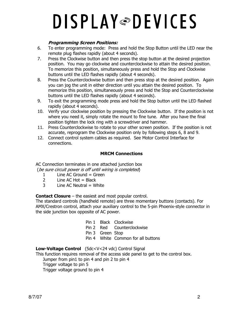Display Devices Motorized Rotating Ceiling Mounts User Manual | Page 2 / 2