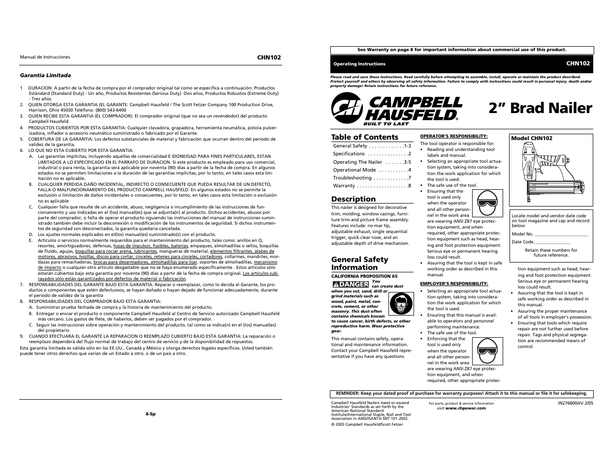 Campbell Hausfeld CHN102 User Manual | 12 pages