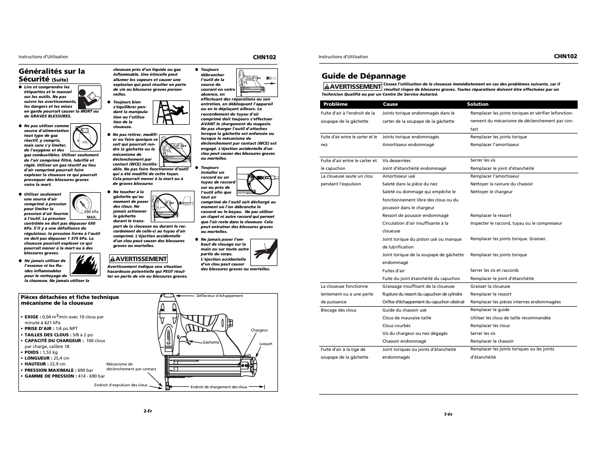 Built to last, Guide de dépannage, Généralités sur la sécurité | Campbell Hausfeld CHN102 User Manual | Page 10 / 12