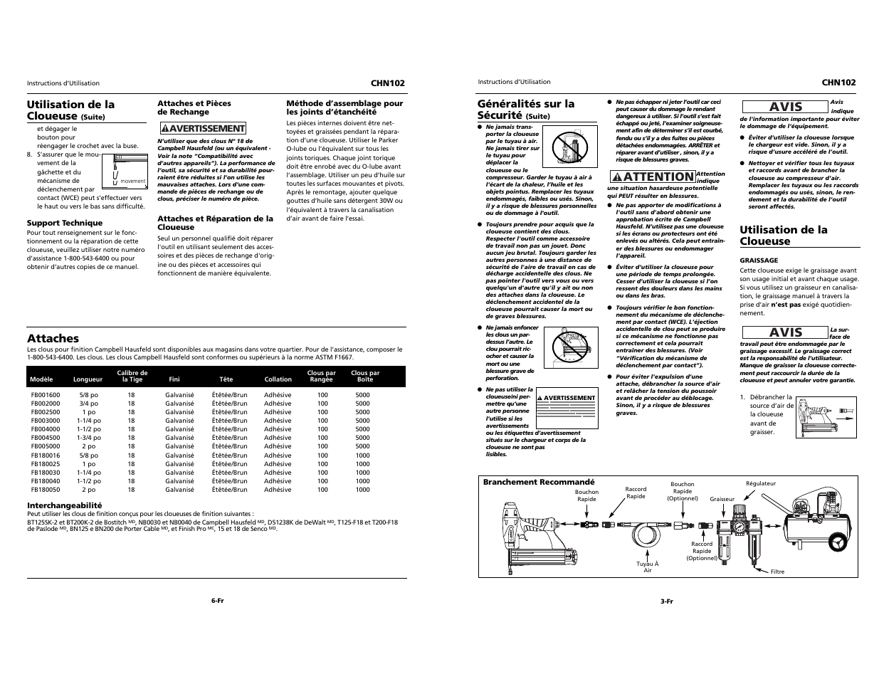 Built to last, Avis, Attention | Attaches, Utilisation de la cloueuse, Généralités sur la sécurité | Campbell Hausfeld CHN102 User Manual | Page 11 / 12