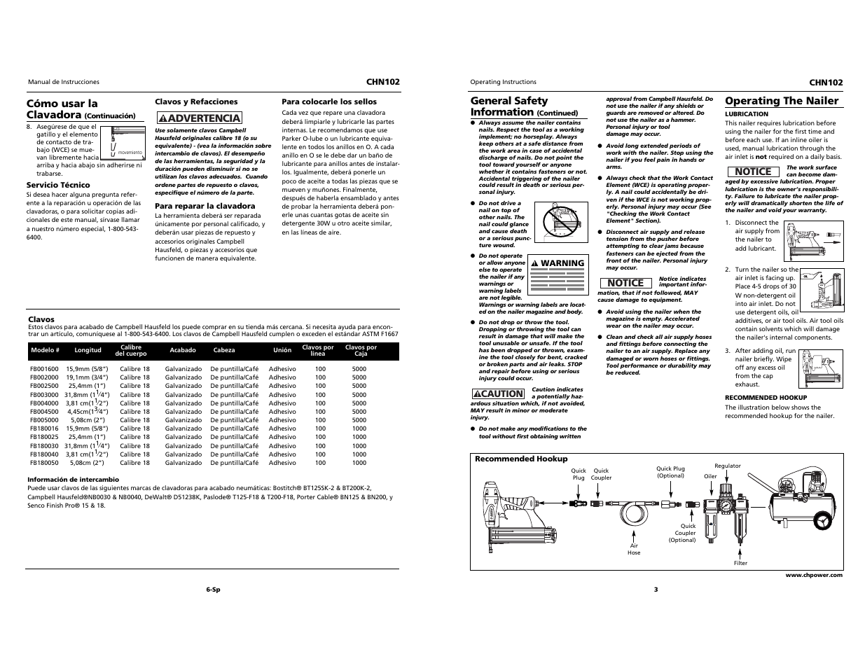 Built to last, Cómo usar la clavadora, Advertencia | General safety information, Operating the nailer, Notice | Campbell Hausfeld CHN102 User Manual | Page 3 / 12