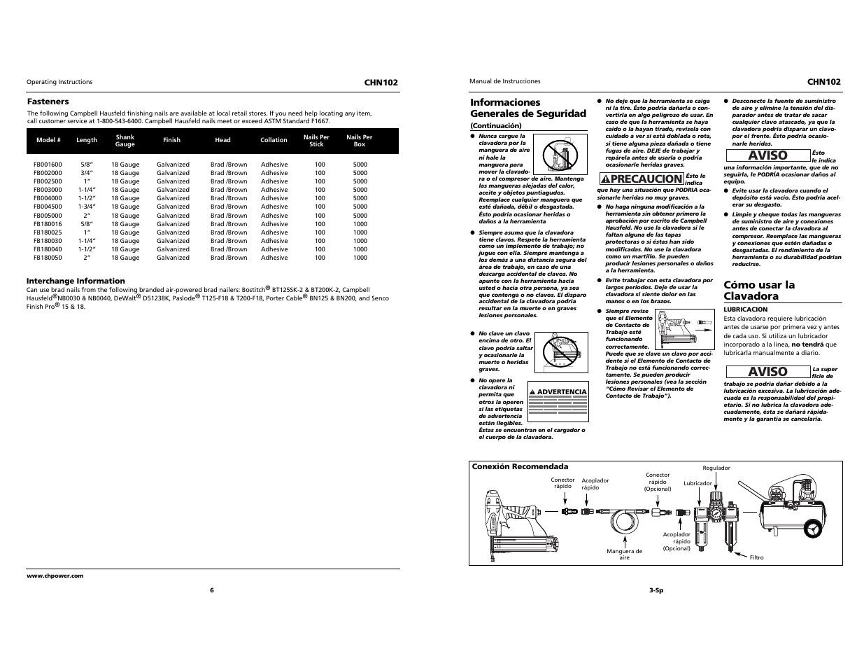 Aviso, Built to last, Precaucion | Cómo usar la clavadora | Campbell Hausfeld CHN102 User Manual | Page 6 / 12