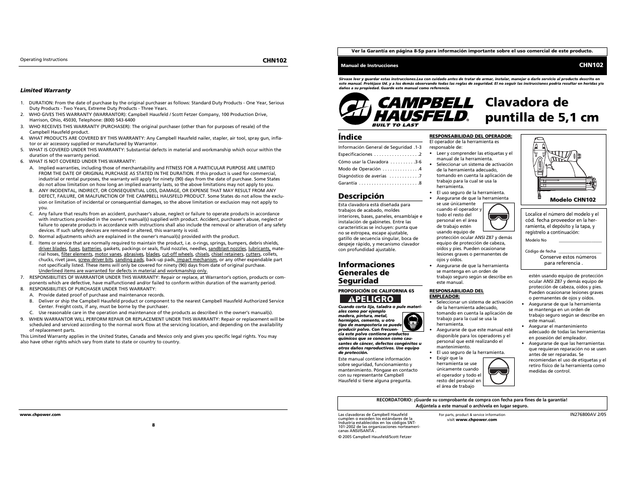 Clavadora de puntilla de 5,1 cm, Built to last, Peligro | Campbell Hausfeld CHN102 User Manual | Page 8 / 12