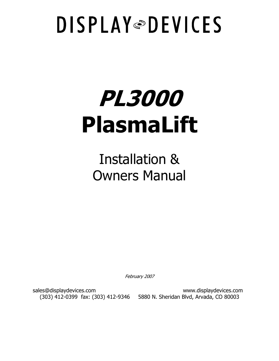Display Devices PL-3000 Series Flat Screen Lifts Ceiling User Manual | 6 pages