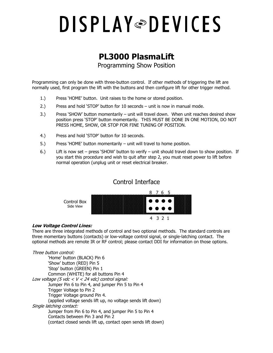 Pl3000 plasmalift, Programming show position, Control interface | Display Devices PL-3000 Series Flat Screen Lifts Ceiling User Manual | Page 4 / 6