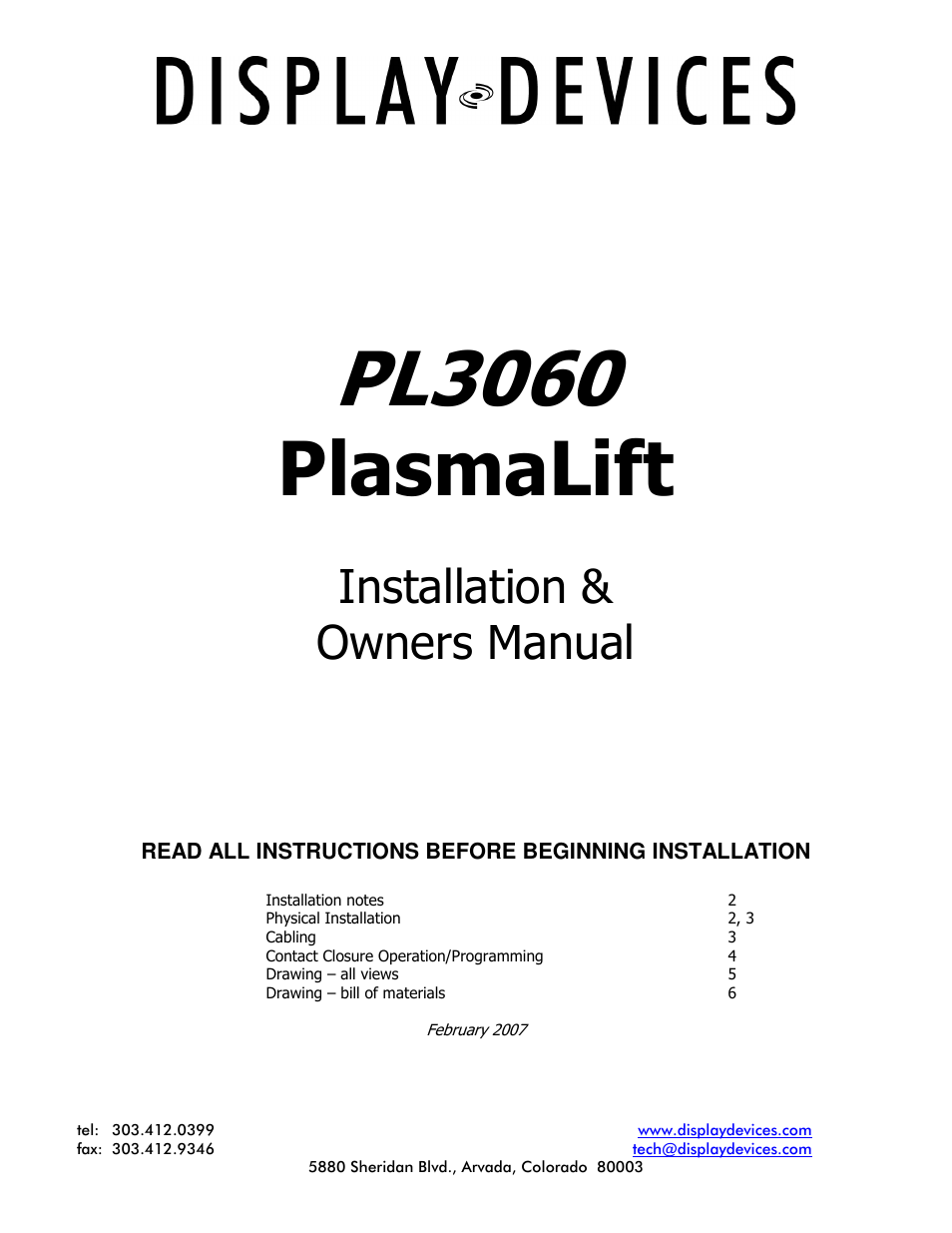 Display Devices PL-3060 Series Flat Screen Lifts Ceiling User Manual | 6 pages