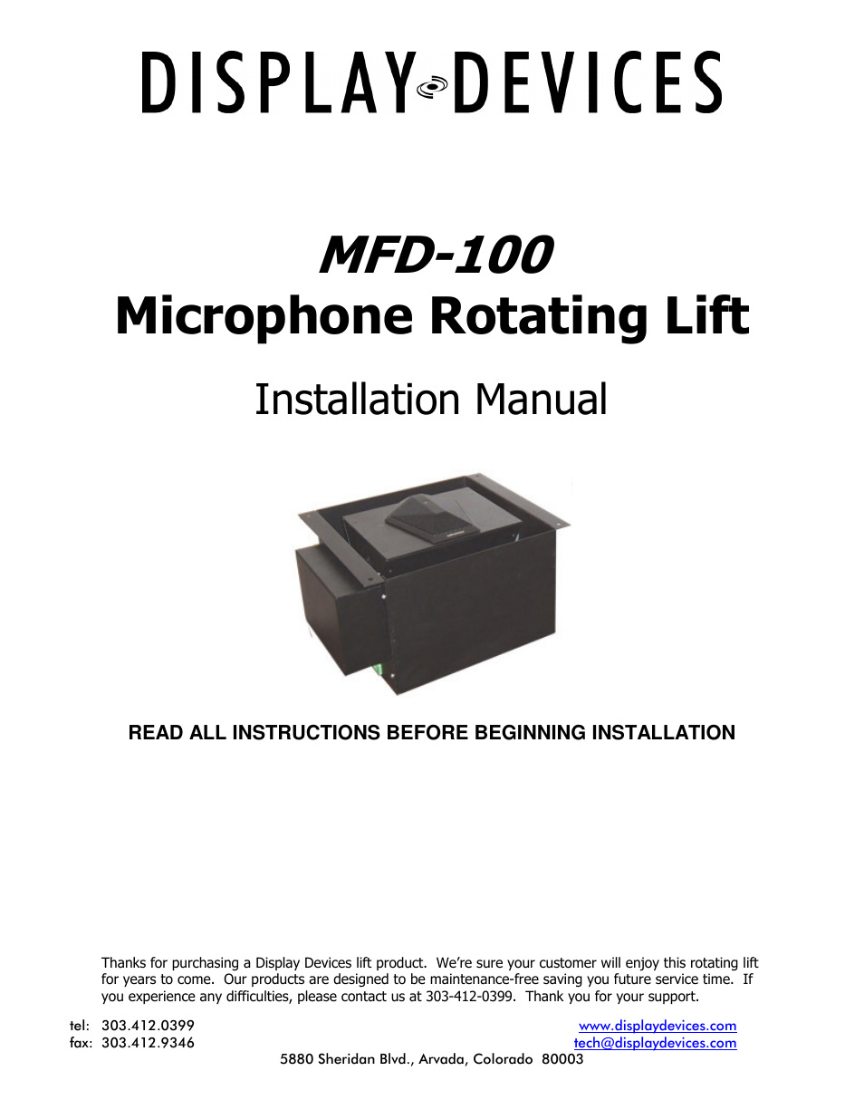 Display Devices MFD-100 Microphone Table Lift User Manual | 5 pages