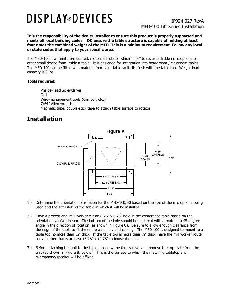 Installation | Display Devices MFD-100 Microphone Table Lift User Manual | Page 2 / 5