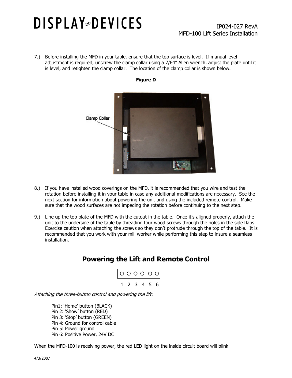 Powering the lift and remote control | Display Devices MFD-100 Microphone Table Lift User Manual | Page 4 / 5