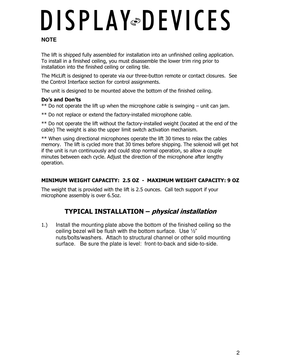 Physical installation, Typical installation | Display Devices ML-2011 Microphone Lifts User Manual | Page 2 / 9