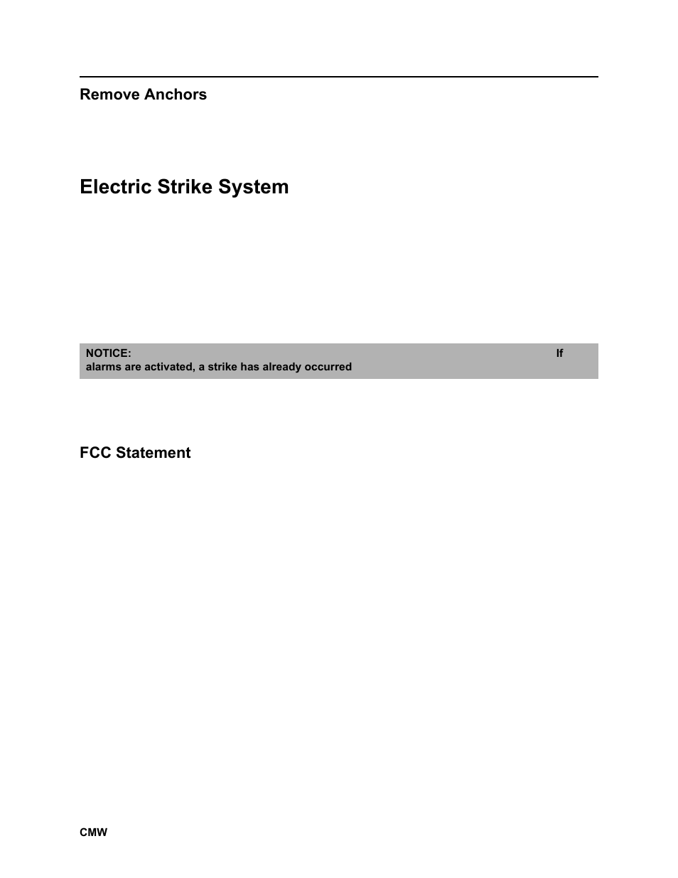 Remove anchors, Electric strike system, Fcc statement | Ditch Witch JT2020 User Manual | Page 117 / 203