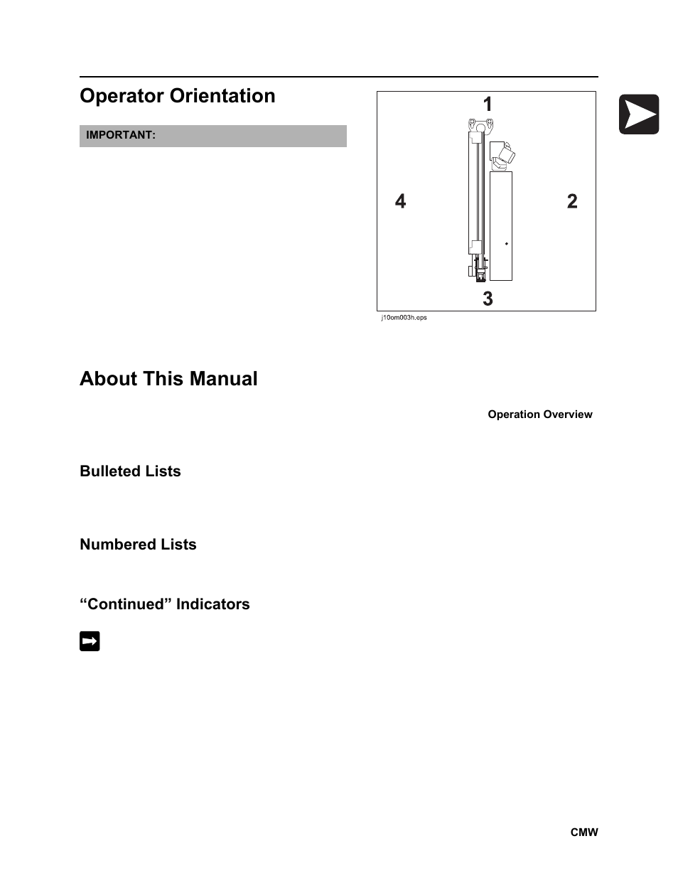 Operator orientation, About this manual, Bulleted lists | Numbered lists, Continued” indicators | Ditch Witch JT2020 User Manual | Page 6 / 203