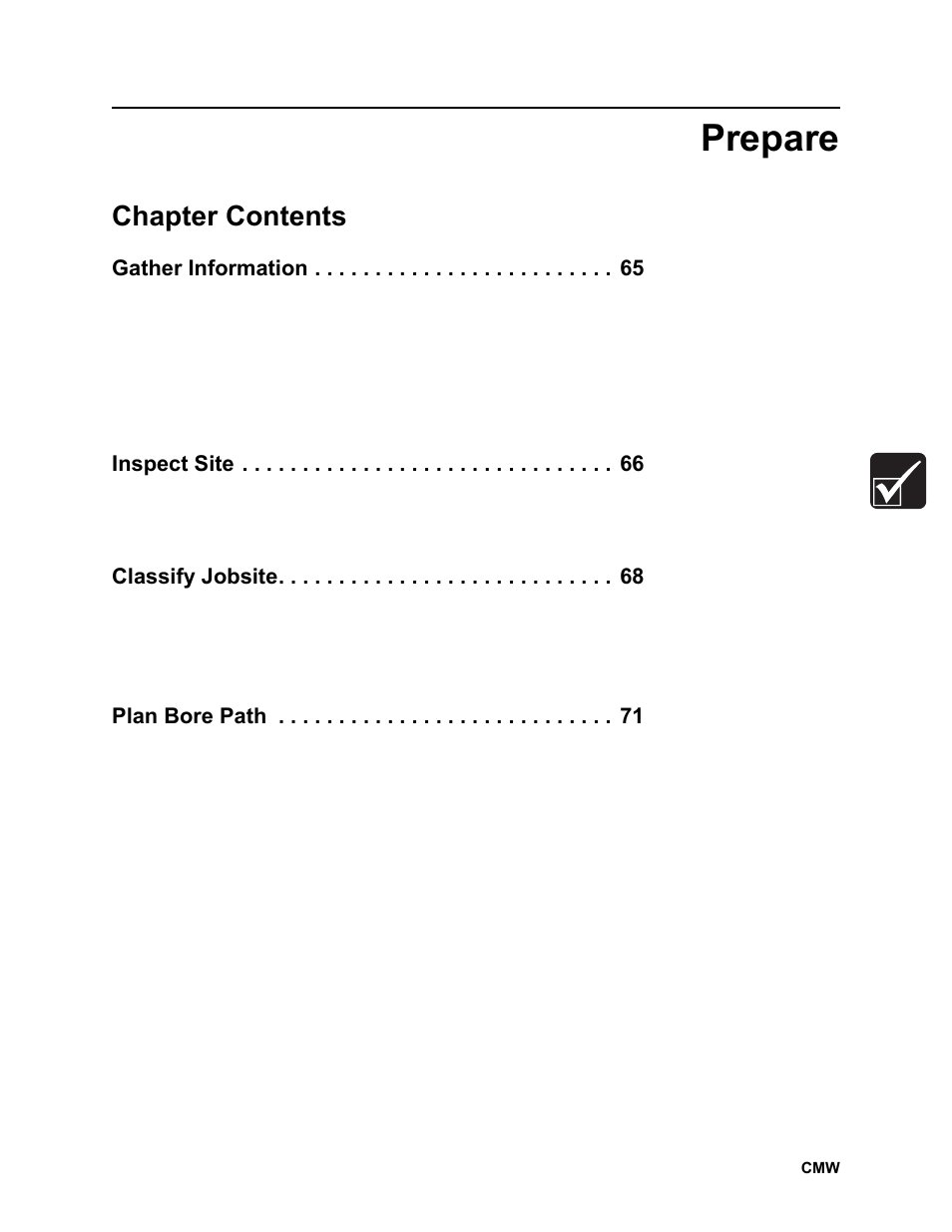 Prepare, Chapter contents, Gather information | Inspect site, Classify jobsite, Plan bore path | Ditch Witch JT2020 User Manual | Page 64 / 203