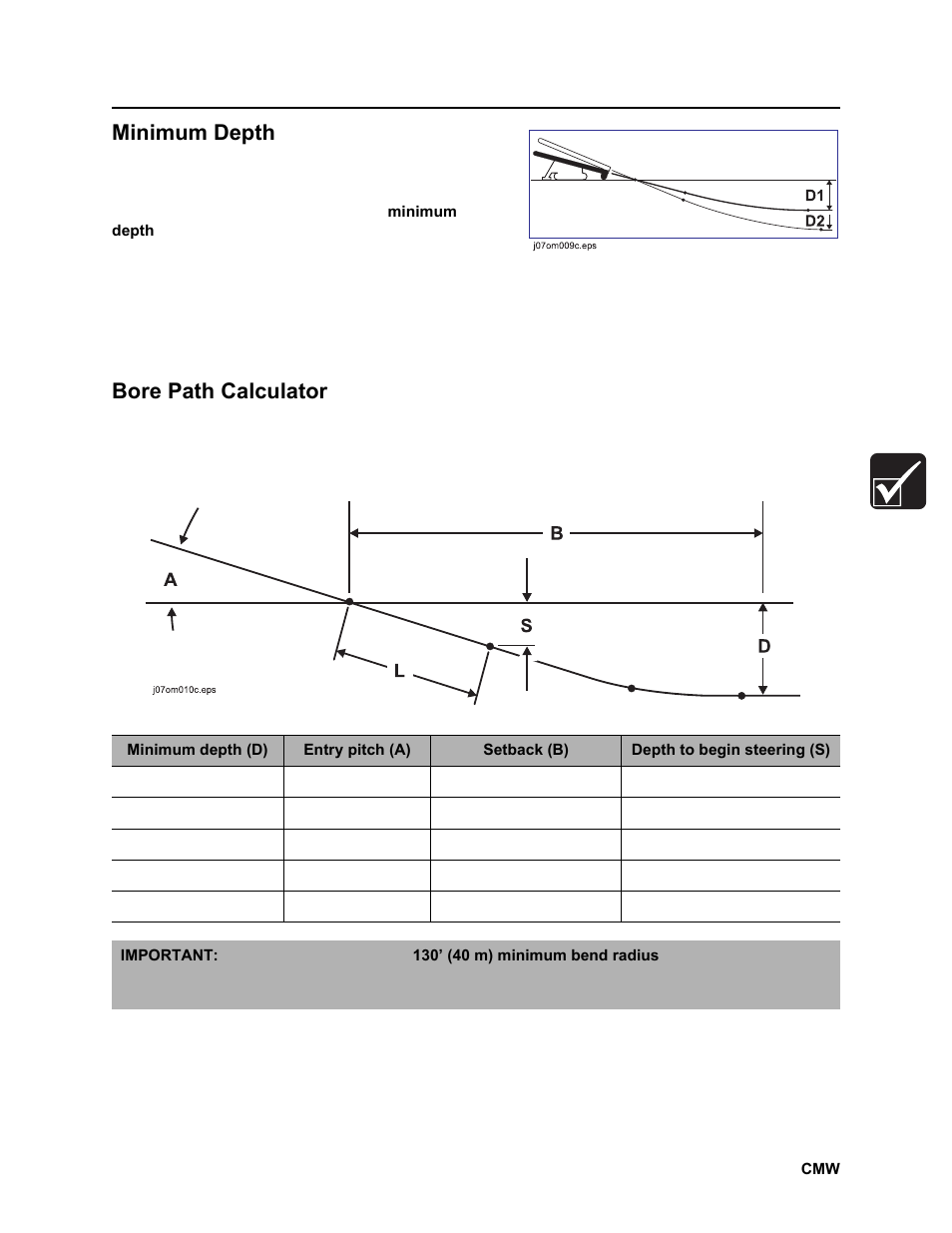 Minimum depth, Bore path calculator | Ditch Witch JT2020 User Manual | Page 76 / 203