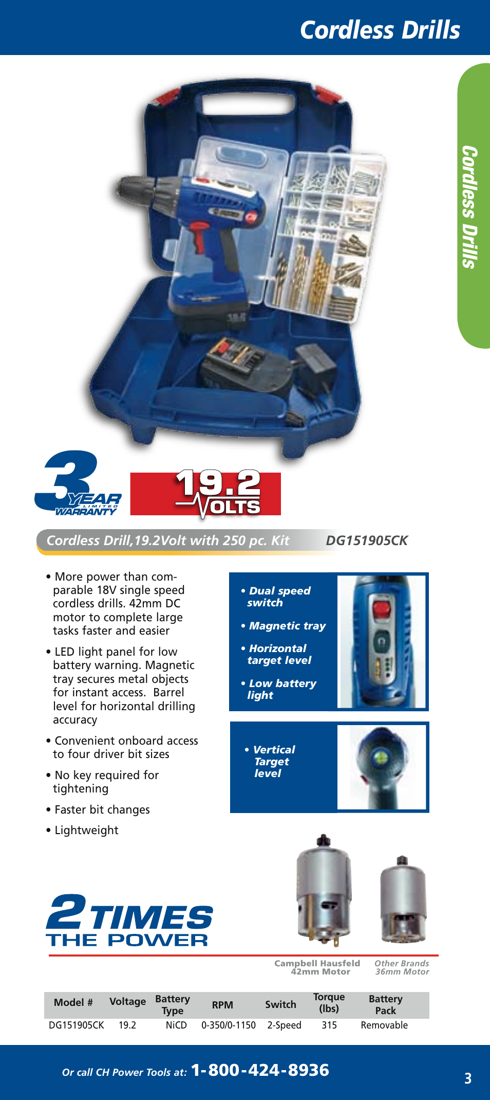 Ch mini catalog_mar2006 5.pdf, Cordless drills, Co rd le ss dr ills | Campbell Hausfeld DG111400CK User Manual | Page 2 / 4