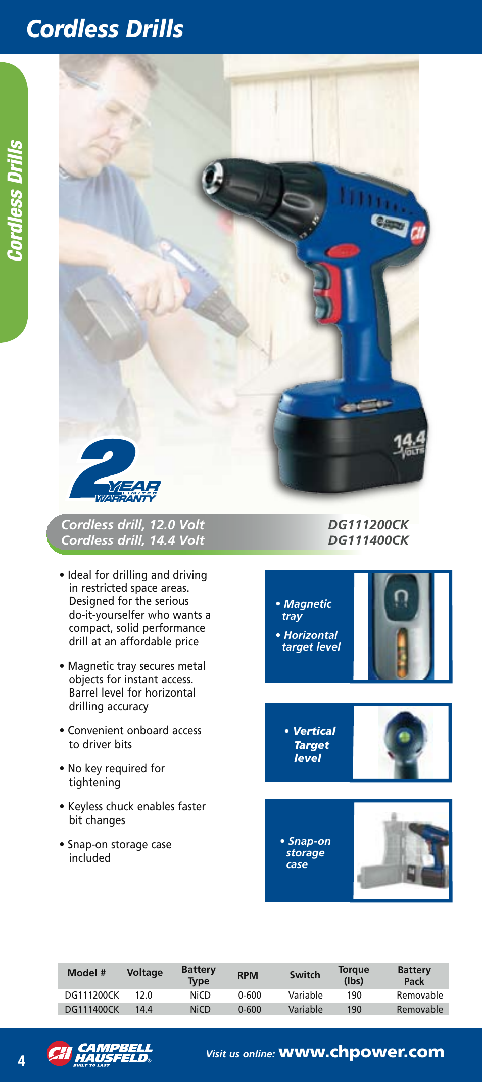 Ch mini catalog_mar2006 6.pdf, Cordless drills, Co rd le ss dr ill s | Campbell Hausfeld DG111400CK User Manual | Page 3 / 4