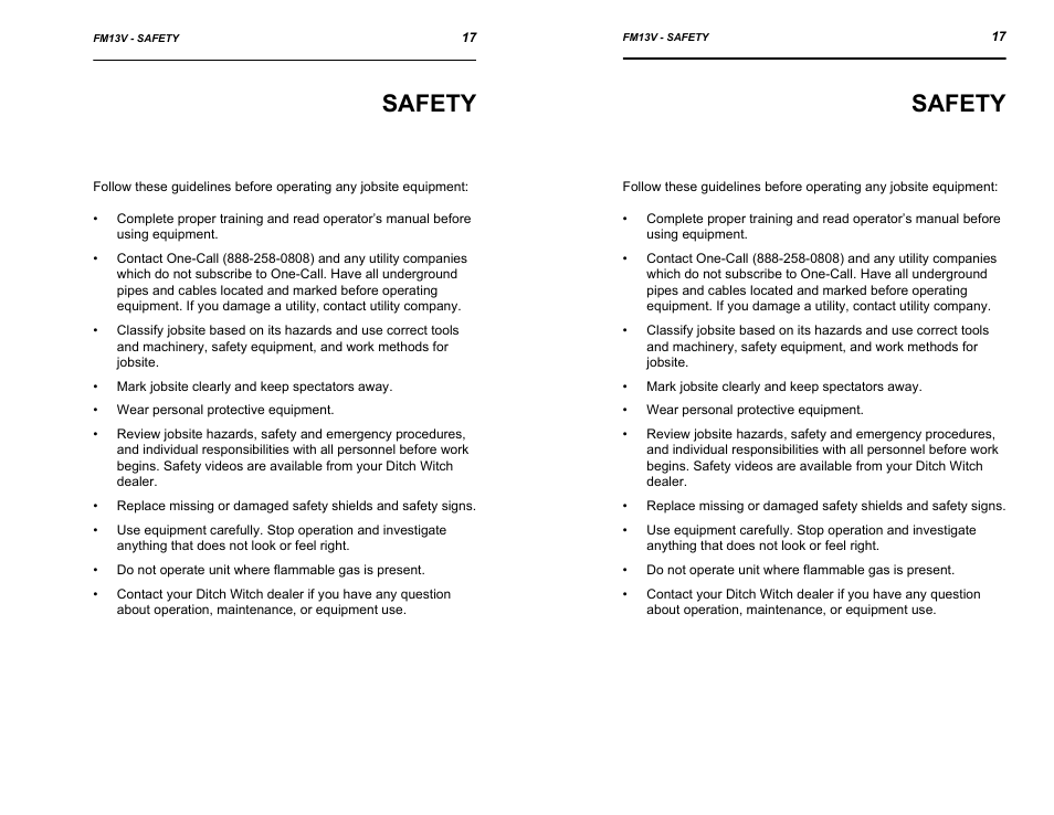 Safety | Ditch Witch FM13V User Manual | Page 17 / 46