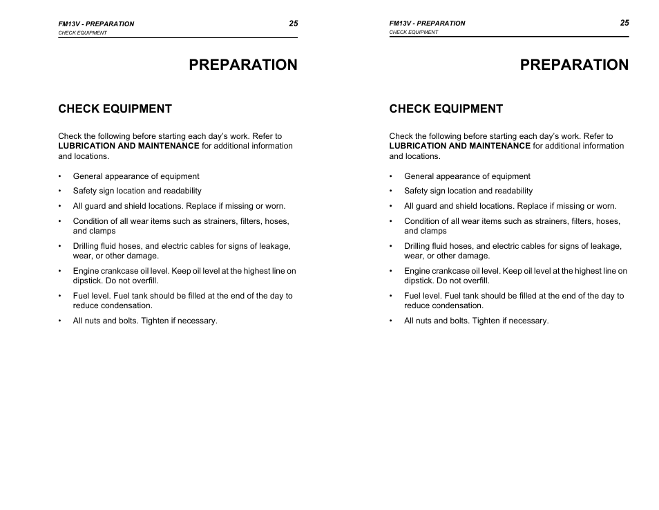 Preparation, Check equipment | Ditch Witch FM13V User Manual | Page 25 / 46