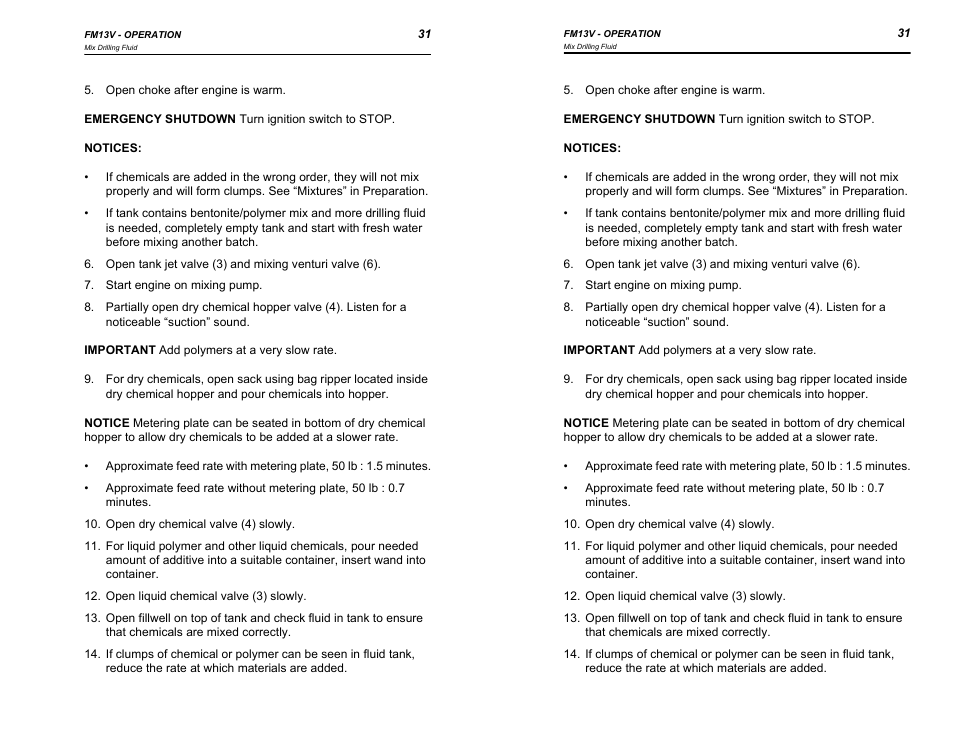 Open choke after engine is warm, Start engine on mixing pump, Open dry chemical valve (4) slowly | Open liquid chemical valve (3) slowly | Ditch Witch FM13V User Manual | Page 31 / 46