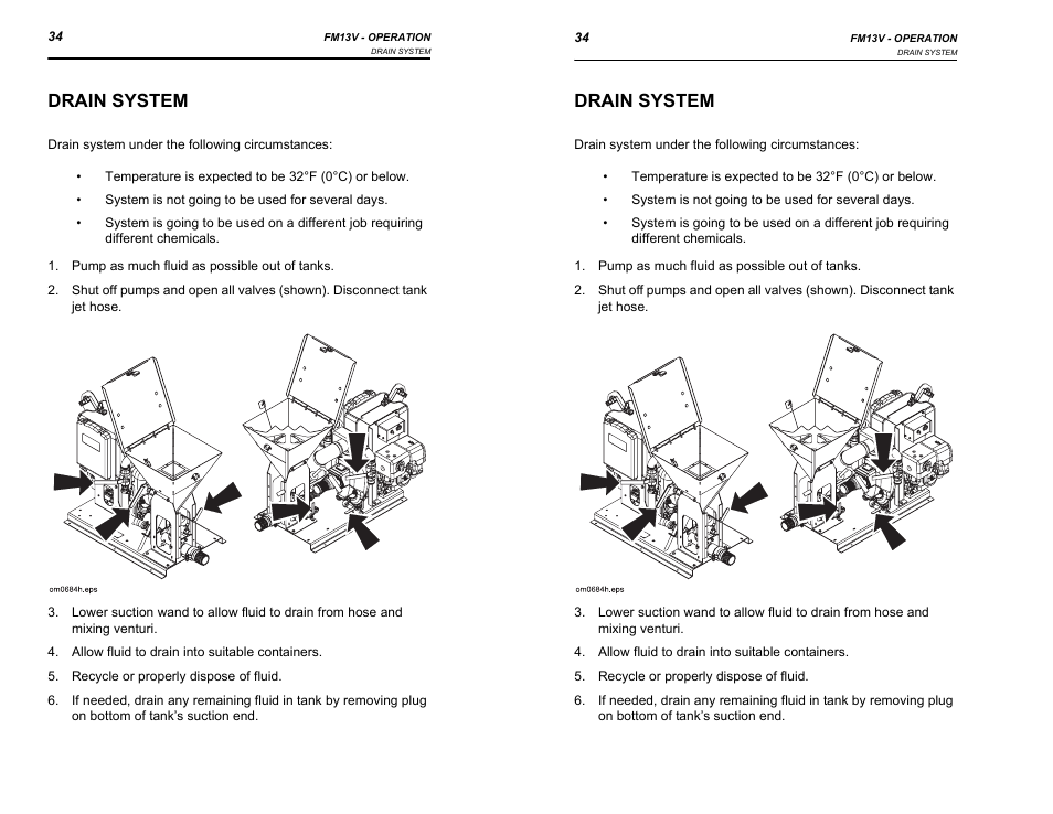 Drain system, Pump as much fluid as possible out of tanks, Allow fluid to drain into suitable containers | Recycle or properly dispose of fluid | Ditch Witch FM13V User Manual | Page 34 / 46