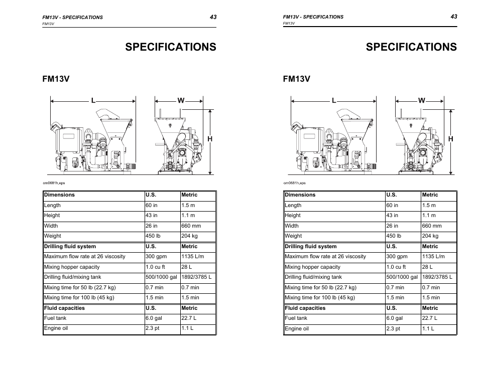Specifications, Fm13v | Ditch Witch FM13V User Manual | Page 43 / 46