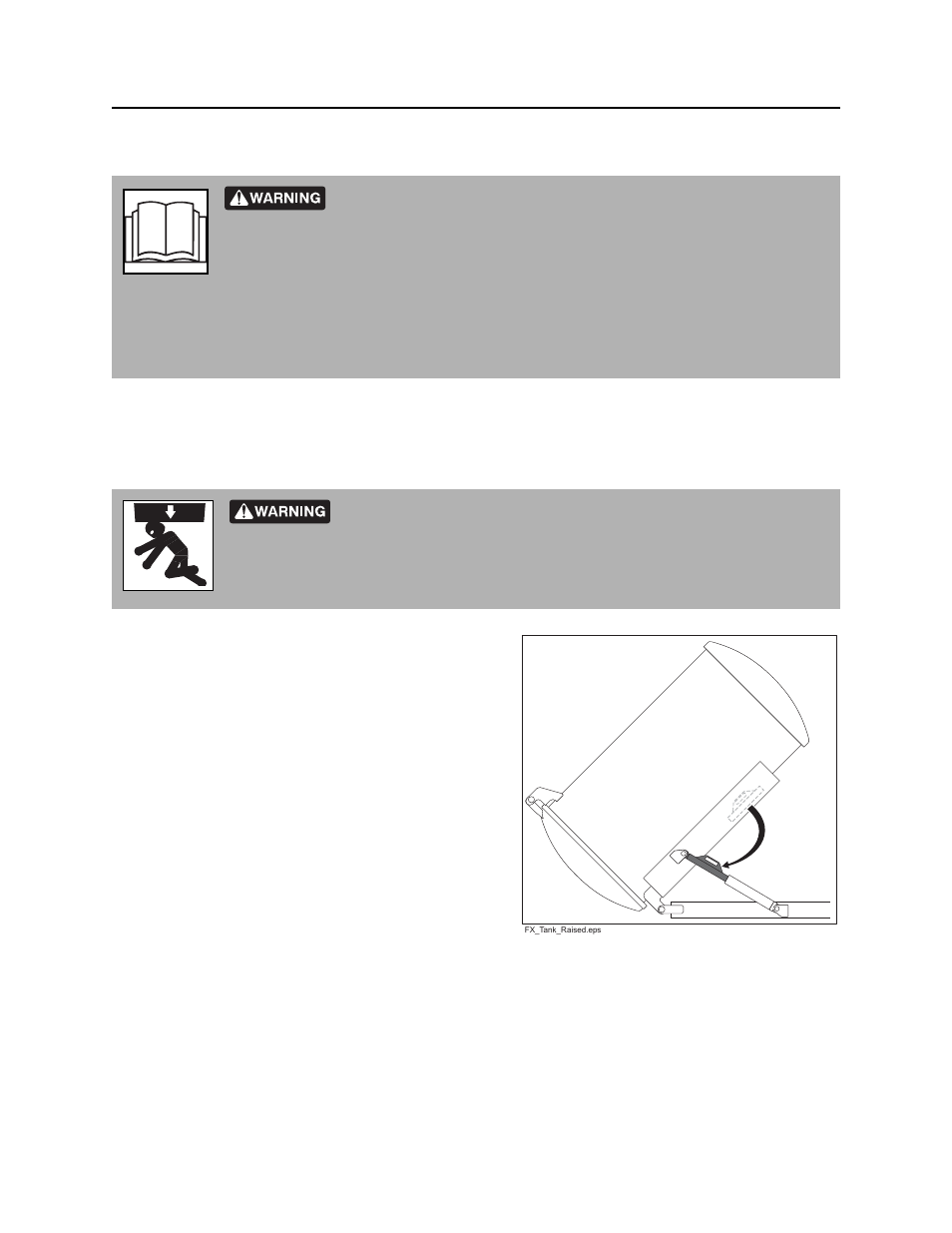 Service precautions, Working under raised debris tank, Fx25 operator’s manual | Ditch Witch FX25 User Manual | Page 63 / 119