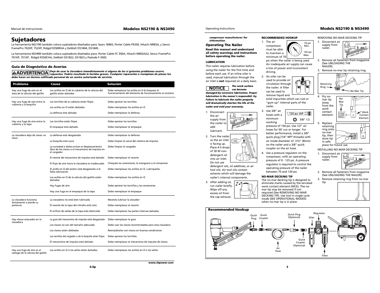 Sujetadores, Notice, Advertencia | Campbell Hausfeld NS2190 User Manual | Page 3 / 12